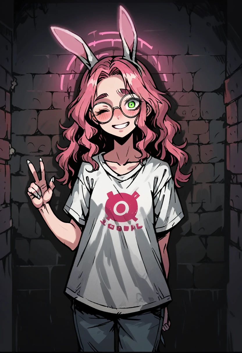 Medium close-up of a pale, slender girl, long wavy hair, korean pink hair, thick eyebrows and contrast green eyes. She is short and has a playful expression with one eye closed, a smile, blush, and big, oversized glasses. Her face is ultra-clear and finely detailed. One arm behind back. Second arm victory sign fingers. She wears oversized white fluffy pullover. She has white nails and white woolen bunny ears. The design is highly detailed, with thick outlines and dramatic lighting, inspired by Chris Bourassa. Pink neon disk behind. The background features a weathered brick wall with pink neon lights, creating dark and atmospheric scene. Highly detailed, inspired by Chris Bourassa's. Dramatic lightning, a pink neon lamp lights. Somber character design with thick outlines.
