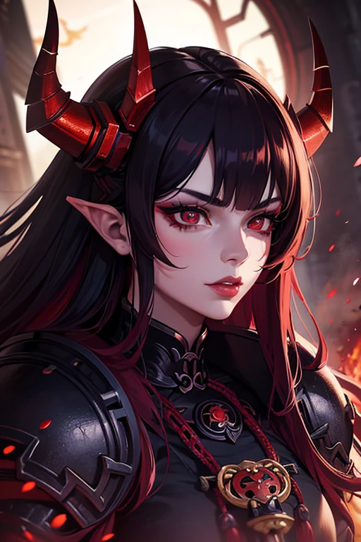 redheaded woman, oni demon appearance, beautiful detailed eyes, beautiful detailed lips, extremely detailed eyes and face, long eyelashes, horns, samurai armor, Japanese style, dark fantasy, dramatic lighting, moody atmosphere, vibrant colors, digital art, 8k, high resolution, cinematic, hyper detailed, photorealistic, masterpiece