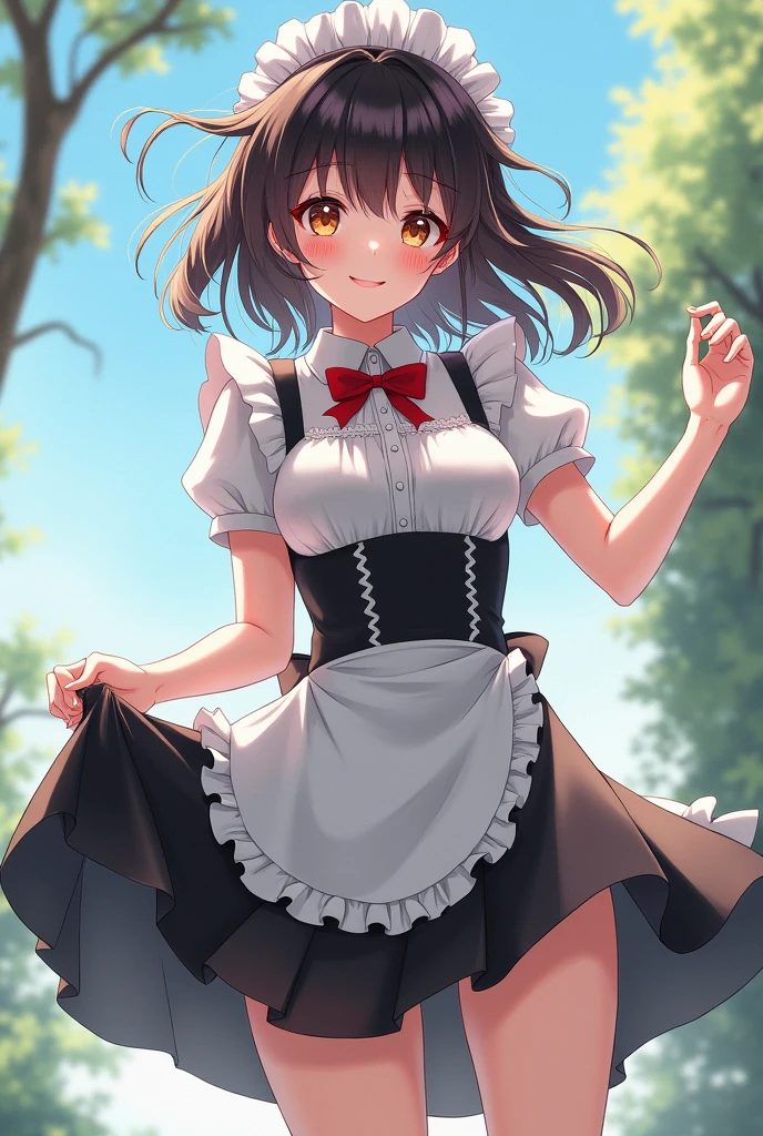 masterpiece, best quality, highres, aachizuru, long hair, one side up,  maid, maid headdress, apron, black dress, skirt hold, smile, garden, standing,miniskirt,(((lift skirt,lace panties)))