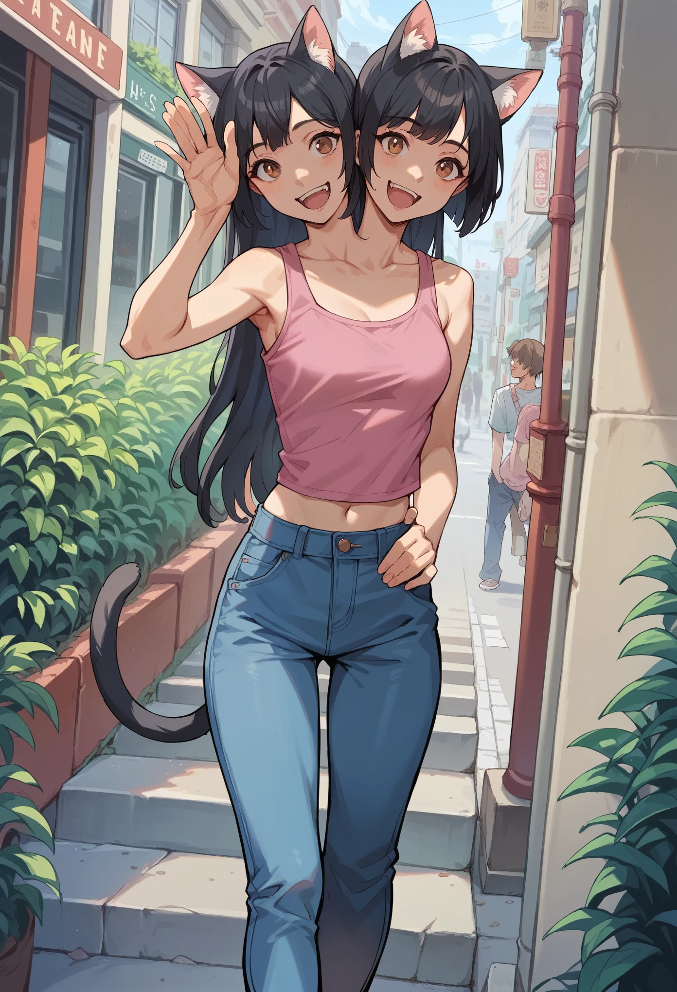 two heads, (masterpiece, best quality), best resolution, 1girl, catgirl with two heads, black hair, cat ears, different hair lengths, right head has long hair and left head has short hair, brown eyes, open mouth, happy, sassy, playful, talking to the viewer, one hand on hip, waving at the viewer, cat tail, pink tank top, blue long pants, suburban street