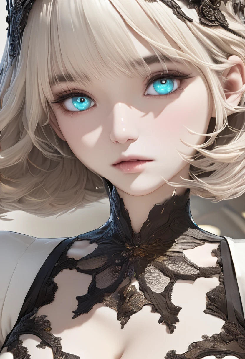 {(masterpiece,best quality, 16K portrait, UHD, extremely detailed the work, detailed beautiful face and eyes and skin and hair)}
BREAK {1 woman 25yo,(2B of Nier-Automa:1.4), (lightbrown-lightwhite colored hair:1.4, short cut hair), (medium mouth),(narrow and sharp eyes),(attractive blue-glay eyes:1.4),(left-eye hidden by bangs:1.2),(slender body,small breasts):1.2,captivating lips}
BREAK {(Nier-Automata-2B costume:1.2),(cleavage between breasts:1.2),(hairband:1)}
BREAK {face focus}