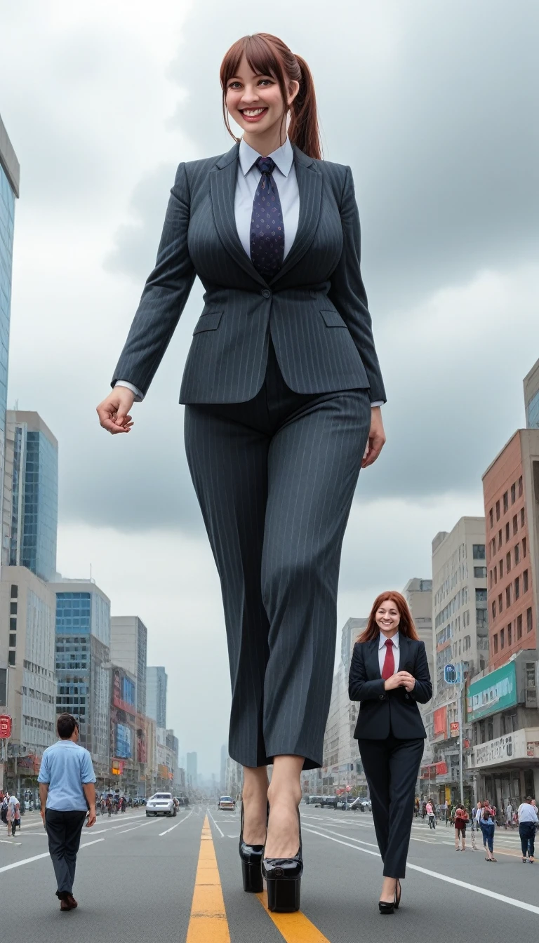 A young mother and her two daughters aged 18 and 20 each taller than 7 foot all wearing red pinstriped trouser suits, white shirts heels and a larger paisley necktie. Large breast giantess art tiny city Young adult 1 woman, beautiful curves a massive curvy thighs redhead ponytail red lips wearing a perfect crimson pinstriped suit and blazer with a ((massive thick and massive black necktie, windosr knot the size of a fist)) white crisp shirt, massive breasts. Black Platform high heels, colossal breasts. Platform high heels , standing, giantess art, tie bar, highly detailed giantess shots, giantess, most detailed, perfect face, Two legs, Five fingers, short hair, A girl who is bigger than a skyscraper, standing on very small city, skyscarpers at their feet, skyscrapers small, smile, huge breasts, major metropolis, numerous cities, , A very small big city, Miniature metropolis, Full body description, GTS, giga giantess, gigagts, stomping city, crash city, tiny city, micro city, , High resolution, highest quality, masterpiece, tiny destroyed skyscrapers city, illustration, skyscrapers size of small toys standing behind and very far away from city, (masterpiece, best quality, best shadows, best shading, perfect hands, perfect face, cinematic lighting, colorful, ultra-detailed, beautiful photography, character focus, extremely-detailed, photorealistic, hyper photorealism, atmospheric), ), (giantess, stereotypical office boss), (dirty, filthy, unwashed, sweaty, unkempt, happy, tired, exhausted, annoyed), ((walking, mid stride:1.2, stepping down on:1.2, stomping, crush, rampage)), (black patent Louboutin rounded toe pumps, high heels, platform heels), ((,)), ((long ponytail hair with front bangs)), (high altitude photography, satellite view), (curvy, , heaving bosom, legs), (mega city, urban sprawl, and small towns, buildings, roads), (((cloudy, overcast, clouds and atmosphere partly obscuring the subject:1.2, hazy atmosphere, haze in foreground, wispy clouds)))