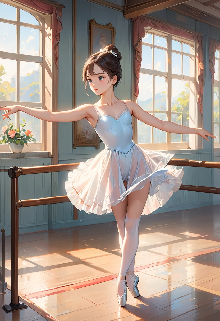 anime Illustration of a ballerina, white costume, tutu, camera perspective from underneath her thighs, showing pelvis, low shot, exposed thighs, raising arms and legs, underneath her tutu.