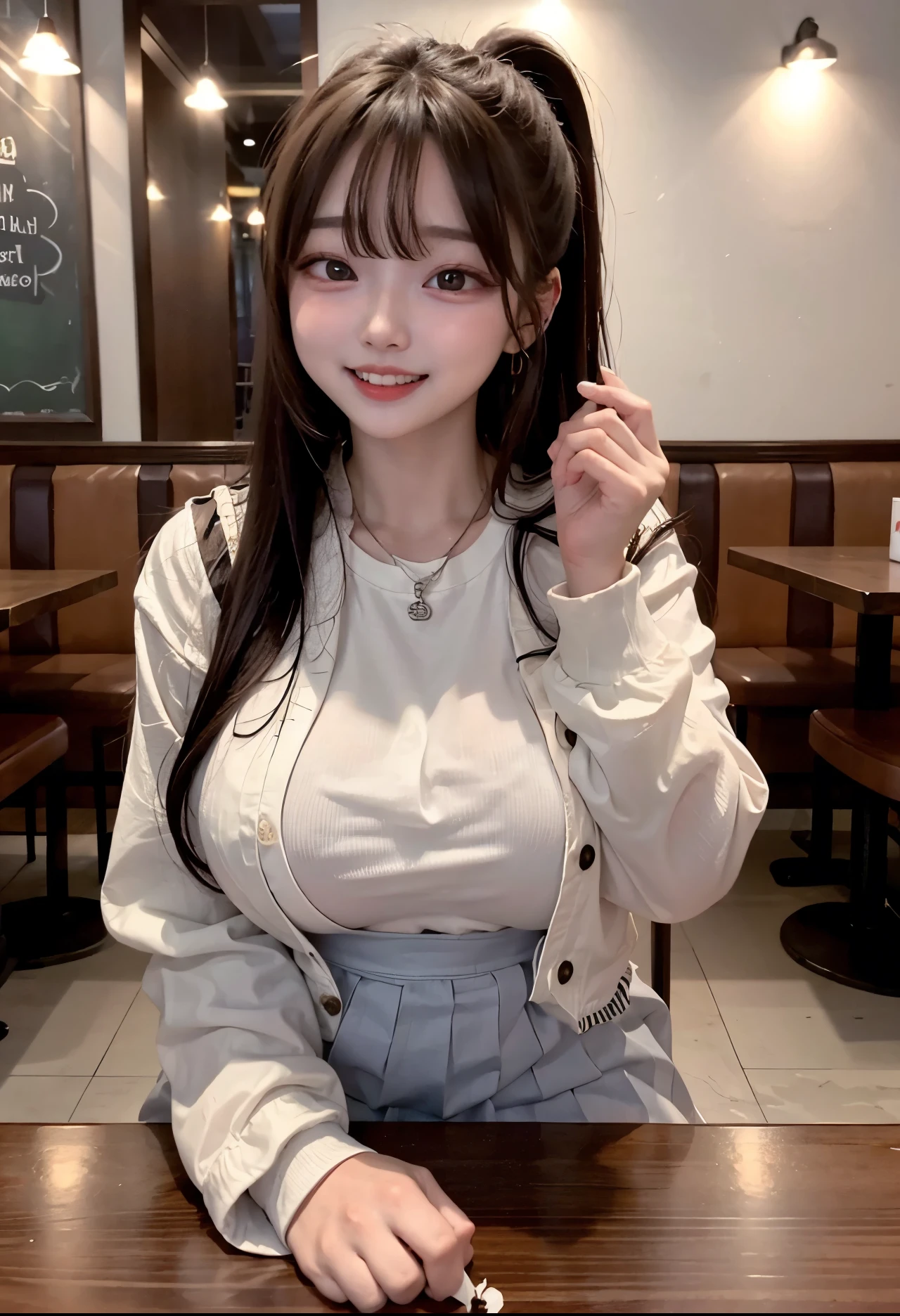 In restaurant, table, Ice cream, cookie, candy, milk, restaurant, High resolution, 8k, masterpiece, Best Quality, One Girl, Curly brown hair, ponytail, (:1.3), Japanese school girl uniform, [ID cards, Earrings, necklace, Big Breasts, Big Breasts, breasts on table, breastplate, elbows on table, Elbow rest, Chin rest, Open your mouth, smile