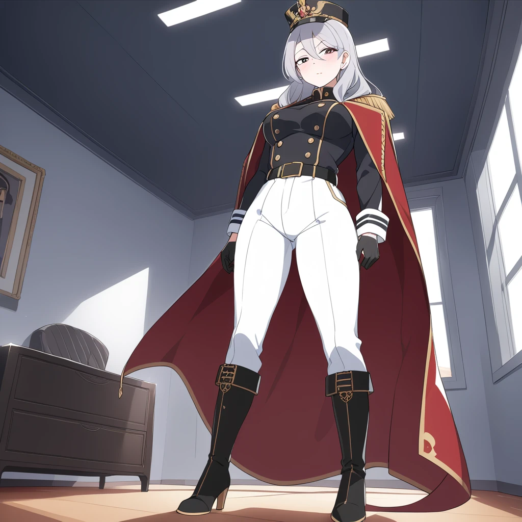 masterpiece, Highest quality, Highest Resolution, Very detailed, One Girl, army_uniform, uniform, Sitting, have, Epaulettes ,army, white_pants, Blue_Jacket,shako have,Napoleon, Infantry Regiment,青 coat, 青 and white hackle, 青 and white plume, Blonde Bob Cut, 青 eyes, Conceit, Apply blush all over the face, Large Breasts, slightly larger hips, Tight waist, In the room,pussy,濡れたPussy、Love juice,Big Breasts,Pussy,Pussy,pussy line,Squat,Leg spread
