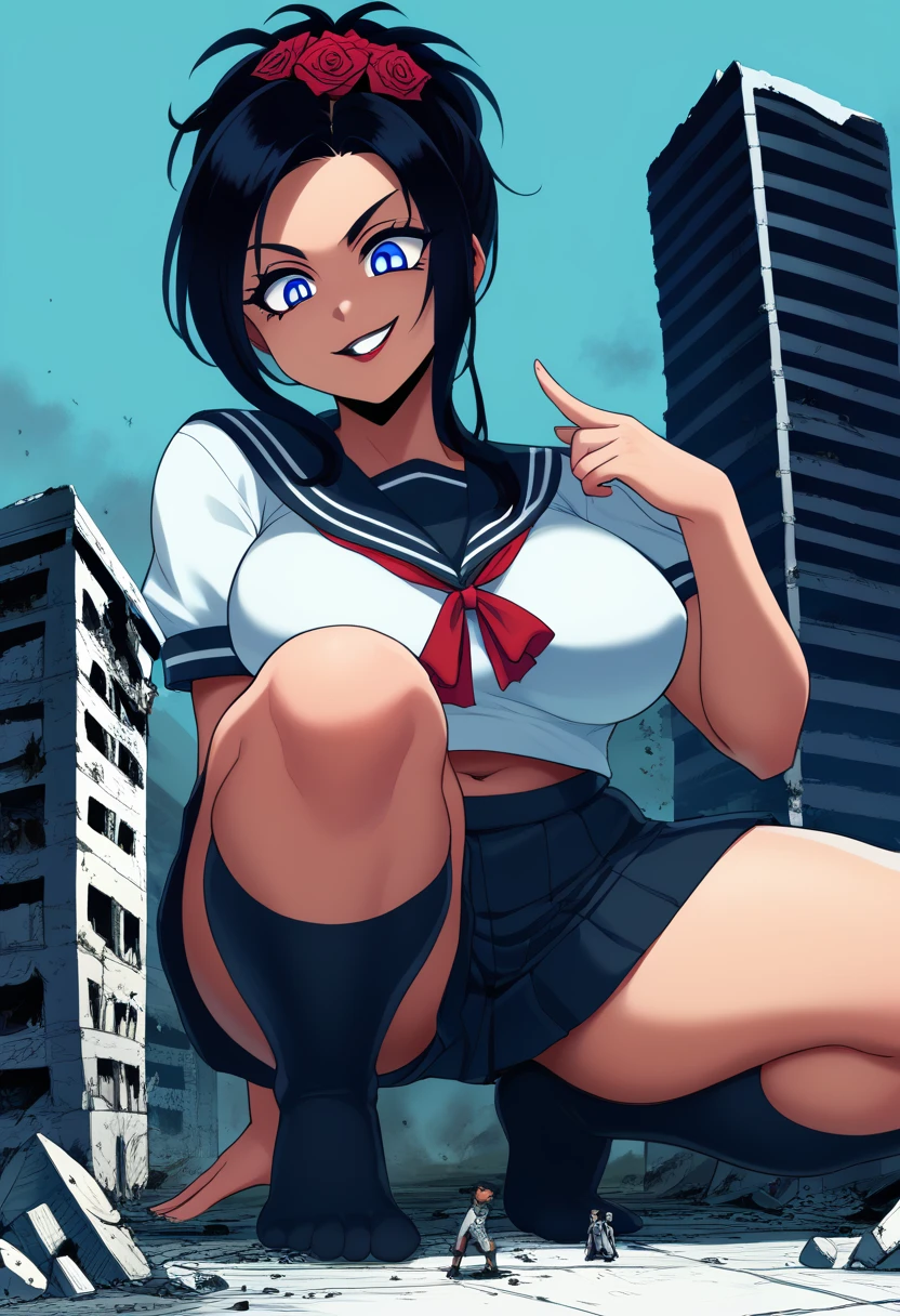 best quality, 8K, ultra-detailed, detailed face, detailed eyes, retro anime style, cartoon style, front view, dynamic effect, dynamic shot, 

athletic curvy physique, inverted body type, attractive feminine curves, big breasts, curvy legs and arms, feminine curvy figure, (thick thighs, thick calves, thick voluptuous legs, big curvy hip, bare knees), ((style of plump voluptuous body)), 

navy over-the-calf socks, navy track buruma, white sailor uniform, white short-sleeved sailor shirt, high socks, 
black elegant hair, blue eyes, rose hair ornaments, 

1 beautiful giant woman, looking down with evil smile, (squatting, crouching, closing face to mini people, put one elbow on knee and put one hand on chin, gazing mini people around her feet, poking mini people with another index finger, size difference), rampage, corrupted city, destroyed buildings, corrupted buildings, rolling rubble dust up, her foot crushing mini people on the ground, crushed mini people under her foot, scattered rubble around her feet, towering, overwhelming, terrible, stepping, footprints, destruction, ruins, explosion, looming, 

giga size, dqdebora, black hair, hair rose, multiple hair flowers, JK, gesugao, parted lips, evil smile, half closed eye,