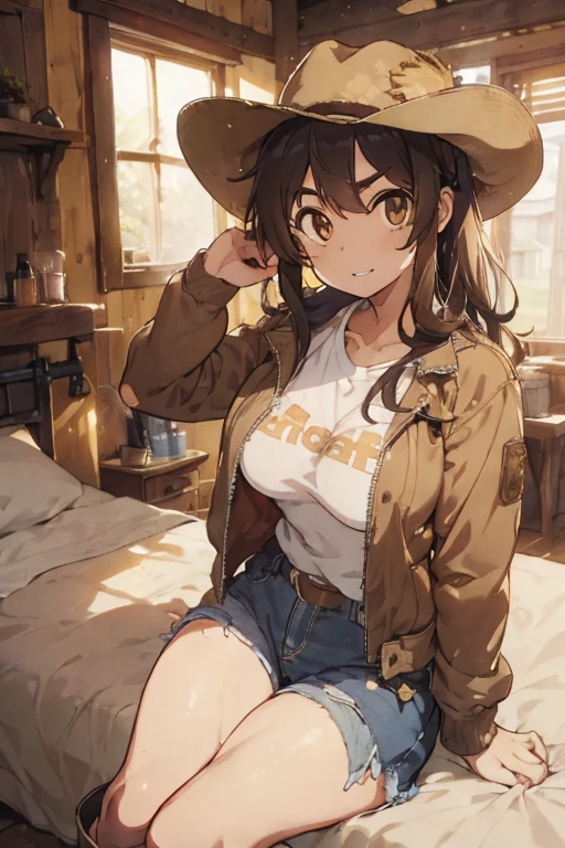 Draw me a sexy cowgirl with coppery colored hair and native American belt. Wearing daisy duke denim.