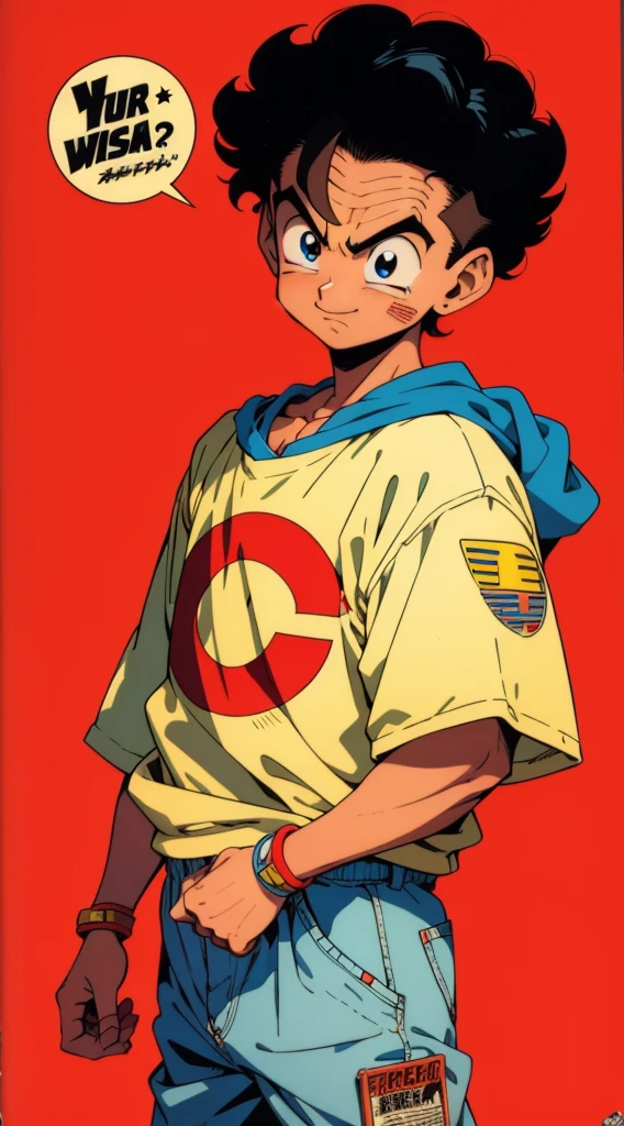 Young boy, curly hair, American cut, mid fade, loose clothes, straight clothes, 90s style, vintage style, retro style, 90s anime style, Akira Toriyama style, (((Toriyama))), Akira Toriyama vibe, vibrant colors, vivid colors. 