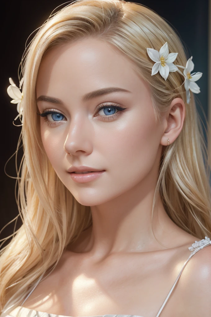 a beautiful blonde adult woman, detailed face, beautiful detailed eyes, beautiful detailed lips, extremely detailed face and skin, modest white dress, silk flower background, cinematic lighting, night, photorealistic, (best quality,8k,highres,masterpiece:1.2),ultra-detailed,(realistic,photorealistic,photo-realistic:1.37),professional,vivid colors,studio lighting