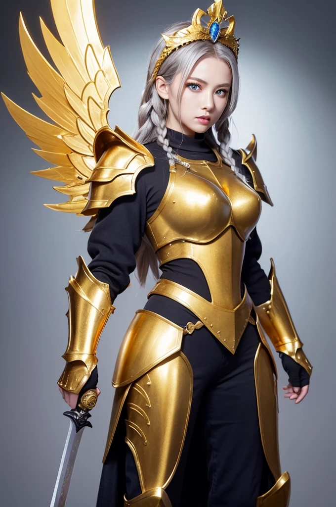 prick々Holy warrior in beautiful golden armor、Golden Wings、Golden Tiara、Full body golden armor、Dragon scale armor、Heavy golden armor、blue eyes、Silver Hair、Braided Hair、Big Breasts、Big Great Sword、