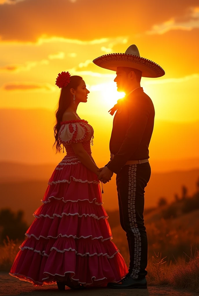 handsome young mexican charro, beautiful detailed eyes, beautiful detailed lips, extremely detailed eyes and face, long eyelashes, and his beautiful woman, beautiful girlfriend, walking hand on hand, happy expresion, outdoor, sunset, cinematic lighting, dramatic color palette, vibrant colors, stunning landscape, intricate details, realistic, photorealistic, (best quality,4k,8k,highres,masterpiece:1.2),ultra-detailed,(realistic,photorealistic,photo-realistic:1.37) panoramic, scene in a traditional mexican town,