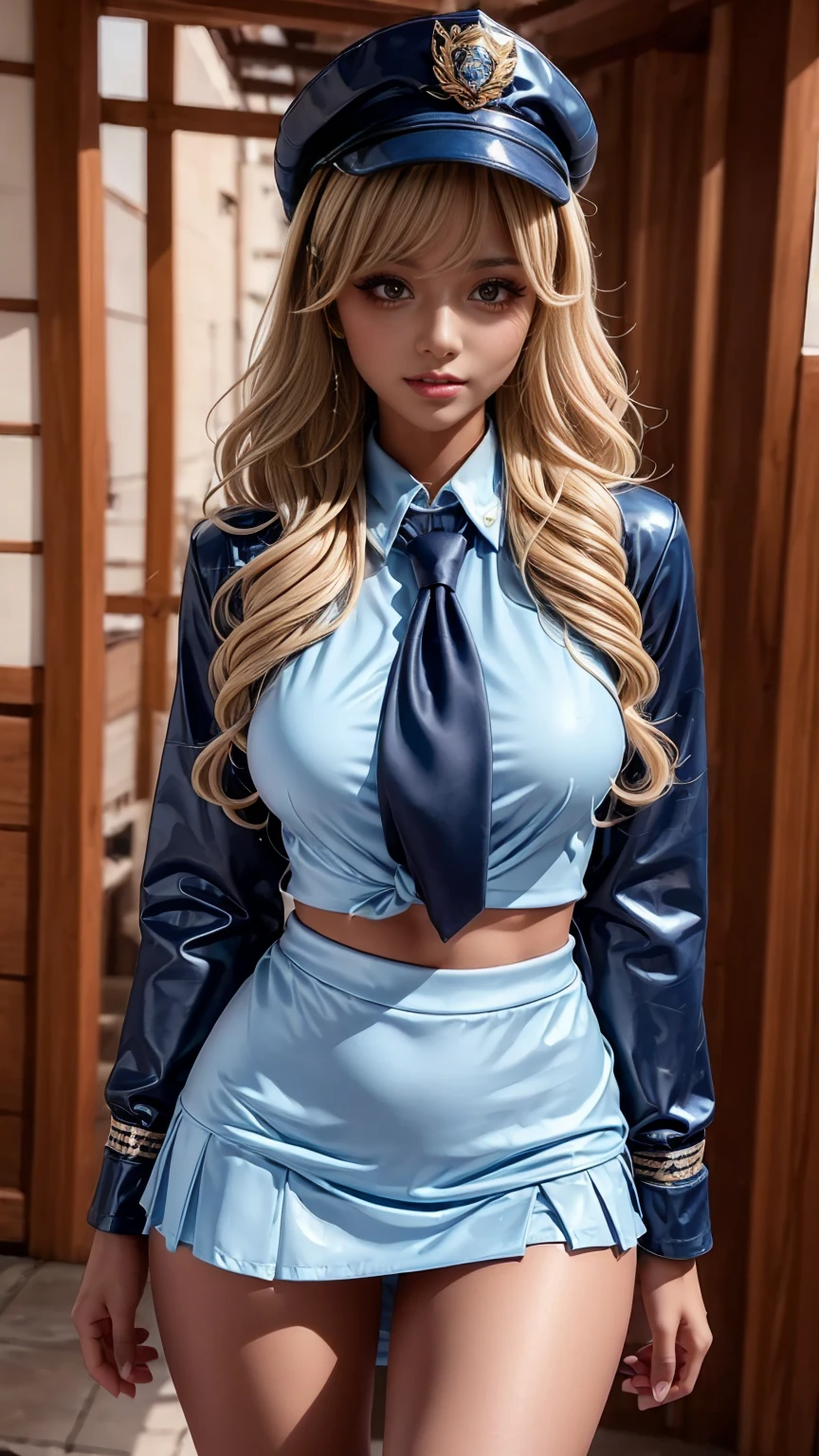 (Dark Skin:1.8)、Beauty、A perfect body like in the picture、Slim figure、Best image quality、Realistic ultra-high quality、(Japanese women:1.4)、(Cute Girls:1.4)、(((Tight bodycon mini skirt:1.1、Light blue sexy police uniform:1.5、Patent leather police cap、tie))),Tight waist、(blonde:1.5)、(Wavy Hair:1.5)、(Curly Hair:1.5)、(Sleek bangs)、(Blurred Background)、(smile:1.4)、(Gal-style thick eyeliner:1.1)、(length eyelashes:1.2)、(False eyelashes:1.5)、Gal-style makeup、Gal-style earrings、length, Thin legs:1.8,Calves are thin and long:1.8,Thick thighs,expensive:1.8,Tight waist:1.3,Big Eyes:1.5,Small face:1.6,smile:1.8,Cosplay、Intersection Background