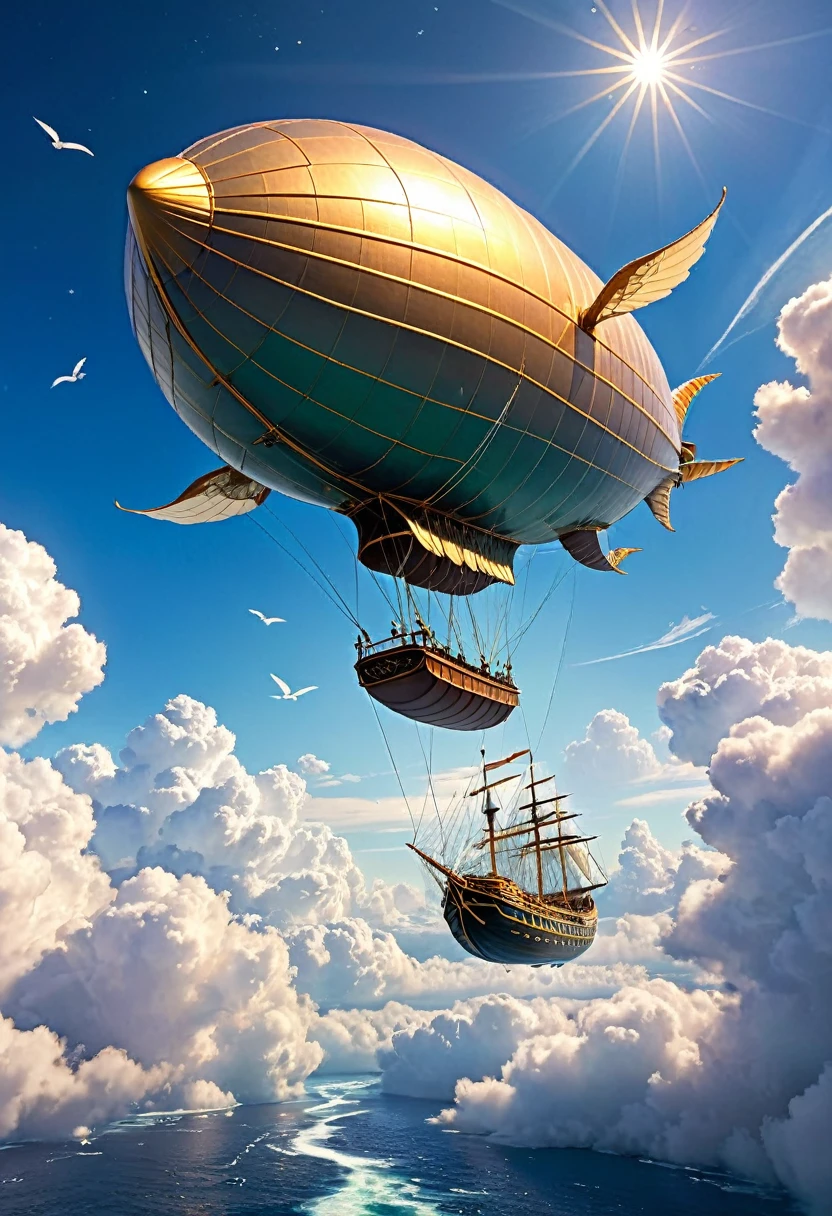 Design a majestic airship gliding through the sky, merging the elegance of a Victorian schooner with the fantastical design of a zeppelin. The ship should have wooden decks with ornate carvings, intricate sails that resemble delicate wings, and gold or brass accents that shimmer in the sunlight. The hull is sleek but whimsical, with soft curves, giving the vessel an almost organic feel, as though it could have been grown rather than built. The airship is partially suspended by a large, ethereal zeppelin balloon, which is translucent with swirling, magical patterns that glow faintly, adding a sense of enchantment. The ship’s masts reach skyward like those of a schooner, but the sails flutter with an otherworldly, almost shimmering quality. Floating above the clouds, the airship creates a magical, fairy-tale atmosphere with glowing runes subtly engraved along its sides, suggesting it moves with more than just wind power. The ship’s unique design evokes both awe and adventure, blending traditional maritime aesthetics with a fantastical, dreamlike touch. It is instantly recognizable as a ship, but with features that make it truly one-of-a-kind, as if it belongs to a world of myth and magic.