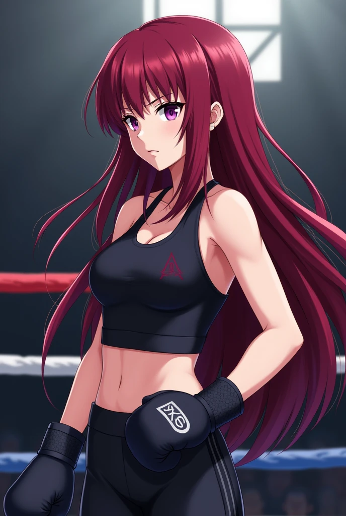 with long red hair, eyes browns, fighting kickboxing in anime version, pretty.