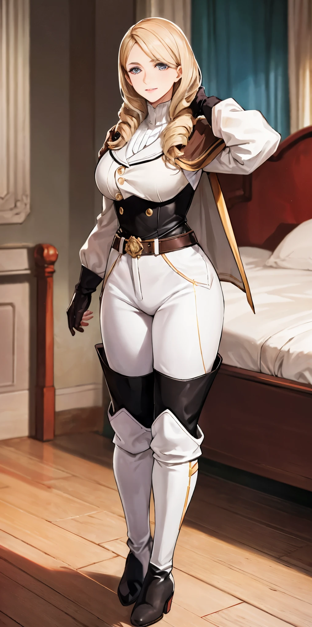 Mature female, adult, milf, mature, 30 years old, woman ((solo)),(1girl),standing, full body, authority, leather outfit, dominant, (muscular), long sleeves, black gloves, double-breasted, (black knee-high boots:1.4), (white pants:1.2),devious, seductive, evil, confident, belt, cape, standing, bedroom, military uniform, looking at viewer, from below, clean floor, empty room, large windows, guard, warden, queen, commander (smirk:0.33) tall, deadpan