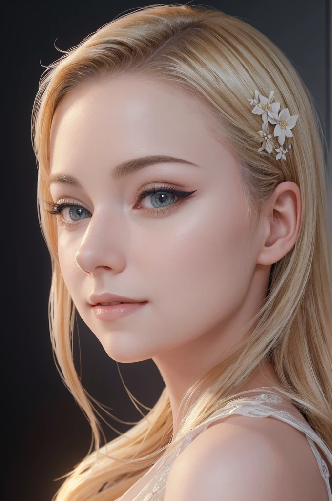 A beautiful blonde adult woman with a soft face, extremely detailed eyes and face, long eyelashes, wearing modest clothes, elegant silk flower background, cinematic photorealistic lighting, dramatic night scene, (best quality,4k,8k,highres,masterpiece:1.2),ultra-detailed,(realistic,photorealistic,photo-realistic:1.37),cinematic,dramatic,moody,warm light