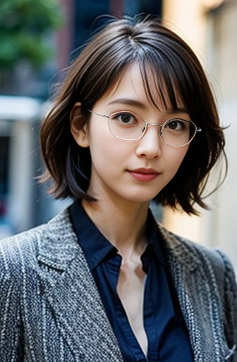 ((detailed))(whole body), (standing against a white wall), A 40 year old woman looking at the camera., Short and curly hair, detailed beautiful face, slightly smiling, openwork striped blouse, sequence of images of something or someone in motion, glasses, empty office background, day time,(( realistic photo)),(( Masterpiece)),(( high definition photography))