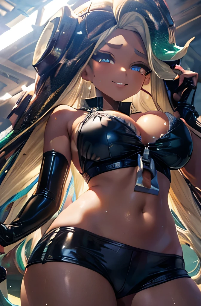  ((masterpiece,best quality,ultra-delicate,Perfect Face,16k,high resolution,very beautiful girl)),Browsing Caution, One Girl, jitome, Ribbon swimsuit, sweating, Bend back, Big Breasts,Armpit hair grows、Underarm High、marina,large breasts,
dark skin,
dark-skinned female,
tentacle hair,
crop top,
vest,
leather short pants,smile,
gloves,
cleavage