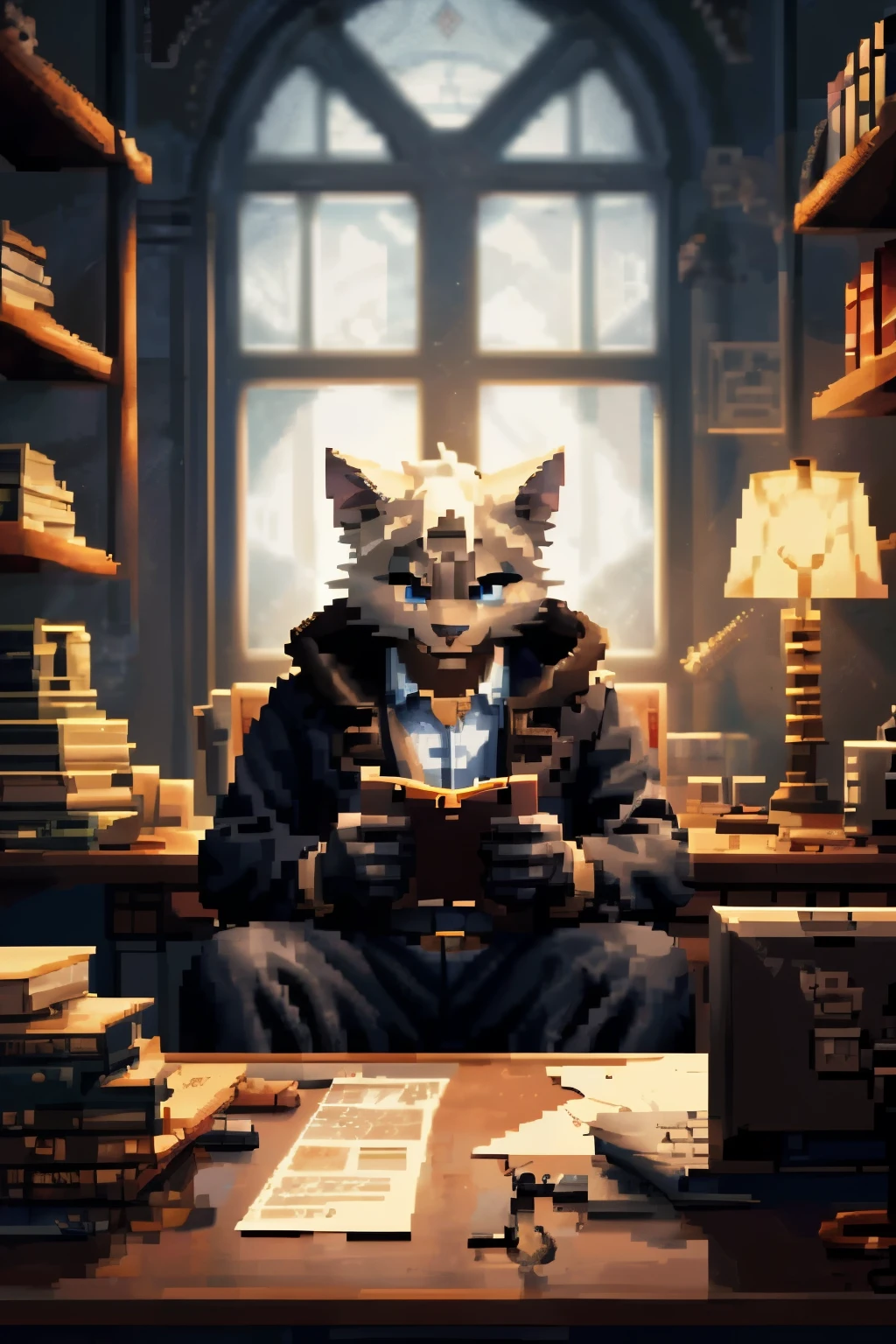 cat, male, black and white fur, anthro, furry, cat ears, solo, HDR, high-definition, intricate details, Blue Eyes, close up, Game cover, Pixel, Grey detective coat, Black jeans, Sitting in the office looking at documents, White hair around mouth, very Serious expression, blue shirt, cinematic, film grain