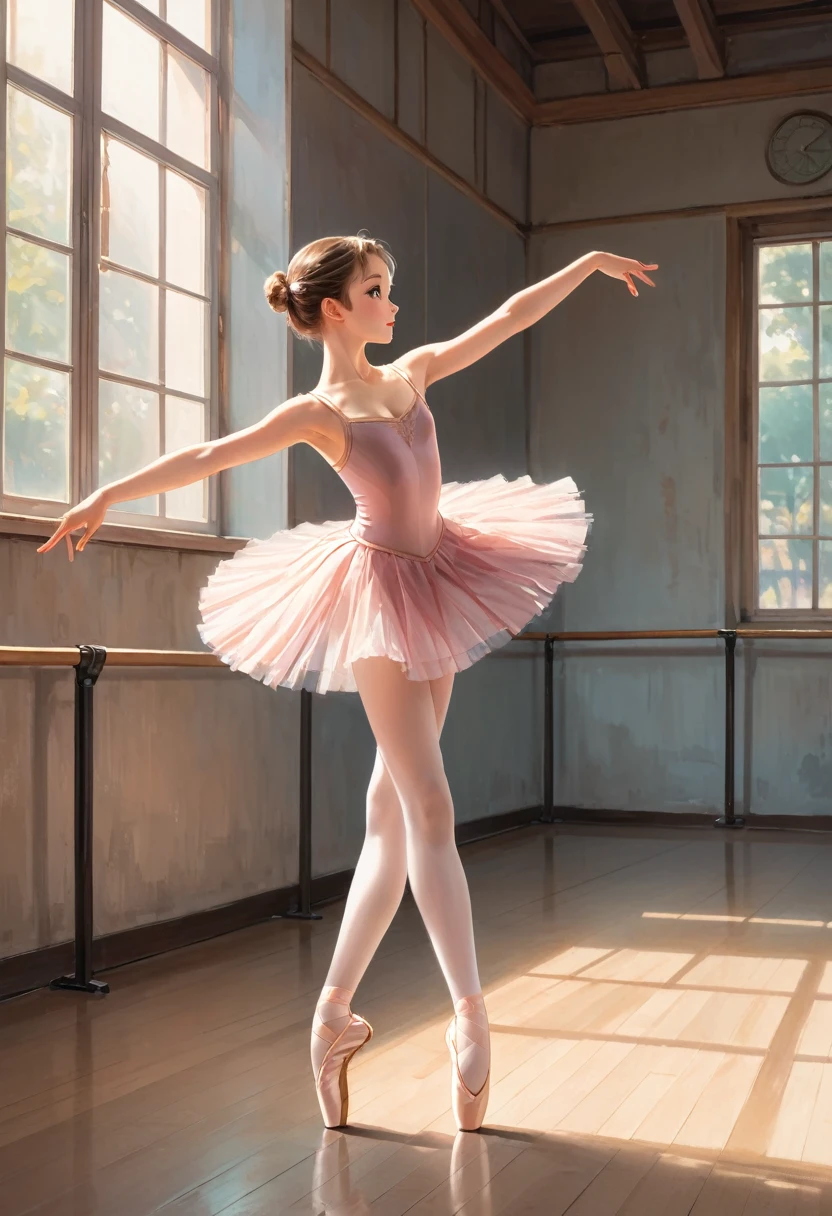 a ballet dancer in a ballet pose, inside a studio, wearing ballet dress, good hand,4k, high-res, masterpiece, best quality, head:1.3,((Hasselblad photography)), finely detailed skin, sharp focus, (cinematic lighting), soft lighting, dynamic angle, [:(detailed face:1.2):0.2], medium breasts,