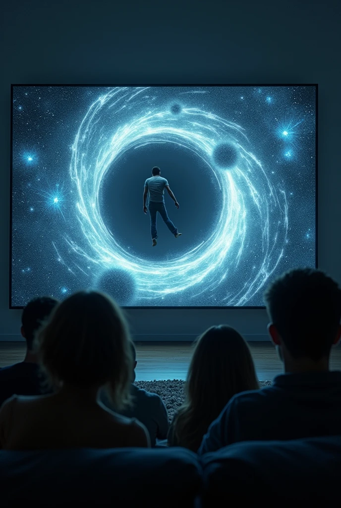 "A man is falling into a massive black hole in space, with swirling ...