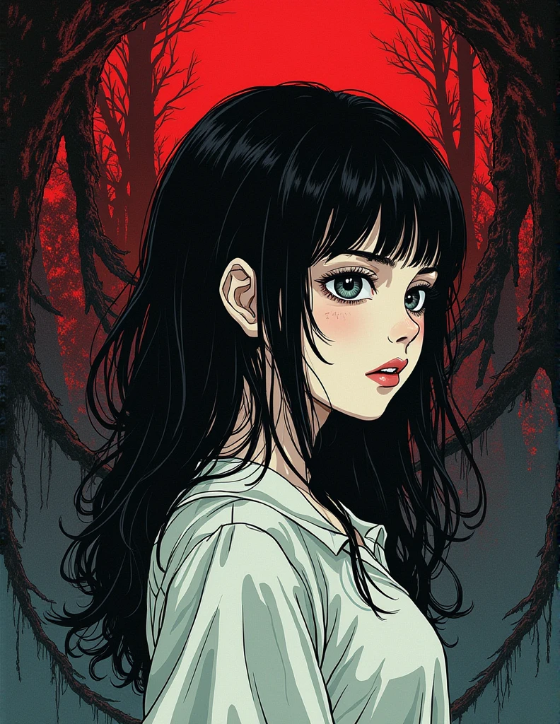 Highest quality,80s Horror Movies, A woman with long black hair,Red eye color,Supervised by Junji Ito,chromatic aberration, Complementary Gradient