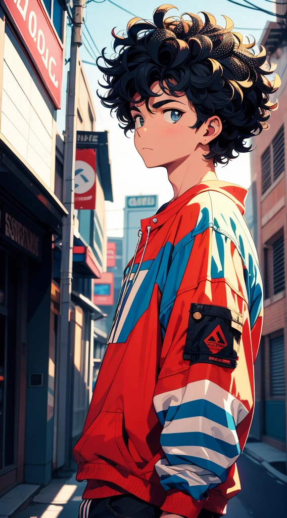 Boy with medium curly hair, American cut, mid fade, streetwear, cinematic angle, vibrant and intense colors, 90s anime style, 90s retro style, 90s vintage style.