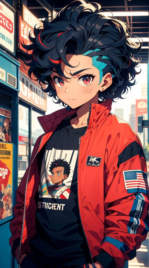 Boy with medium curly hair, American cut, mid fade, streetwear, cinematic angle, vibrant and intense colors, 90s anime style, 90s retro style, 90s vintage style.