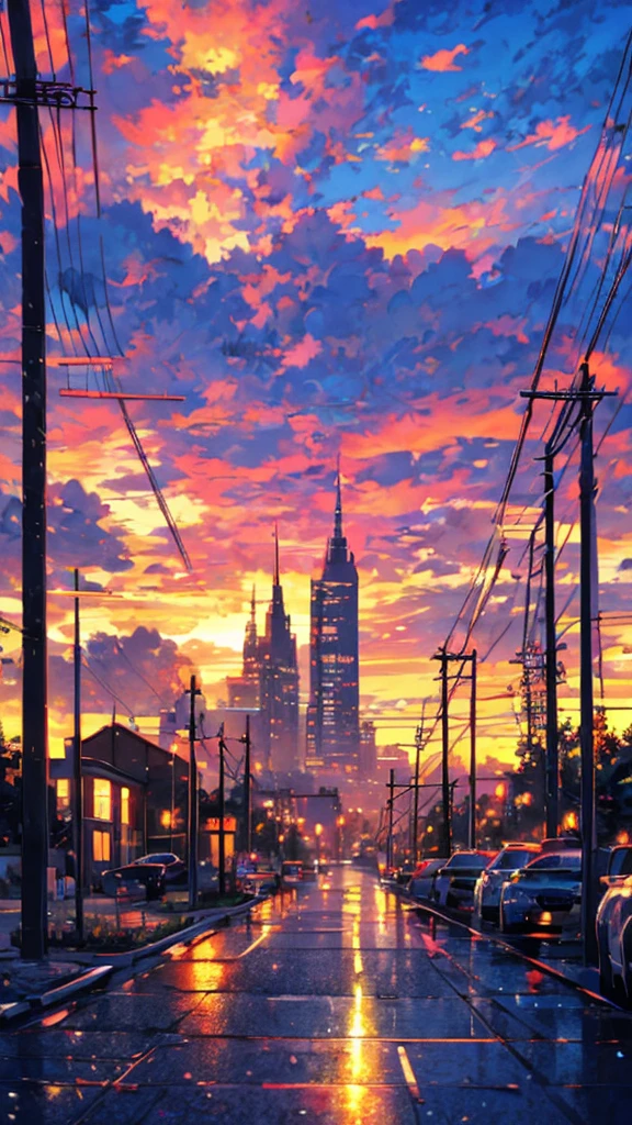 masterpiece, concept art, a painting of (electric poles:1.5) in a city street at sunset, a painting, by sylvain sarrailh, anime hi-fructose, telephone wires, gta art, warm sundown, beautiful iwakura, toon aesthetic, colorful house, connecting lines, anime screenshot, art », muffled colours, kawai, 2077, “ anime, bright: