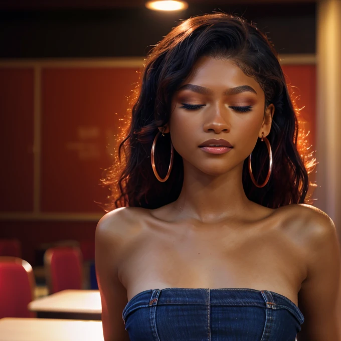 Masterpiece, high quality, high resolution, volumetric lighting, subsurface scattering, 8k, Beautiful Zendaya, topless, (dark skin), phillipino, college student, uniform, (red dress, jeans), wavy hair, headband, hoope earings, classroom, sexy pose, seductive pose, ((slim thick body:1.0)), thick thighs, round-butt, open mouth, big lips, screaming, orgasm, night time, eyes closed, Masterpiece, Professional lighting, 16k, 8k wallpaper, raw photo, photo-realistic:1.8, ultra detailed, natural lighting