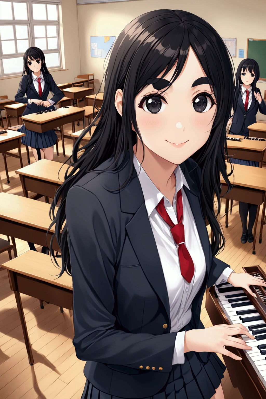 score_9, score_8_up, score_7_up, black long hair, black eyes, black curve hair, thick eyebrows, smile, blazer, shirt, white shirt, collared shirt, skirt, pleated skirt,indoors, classroom, keyboard \(instrument\), instrument, playing instrument,looking at viewer, cowboy shot, dutch angle, dynamic pose,
