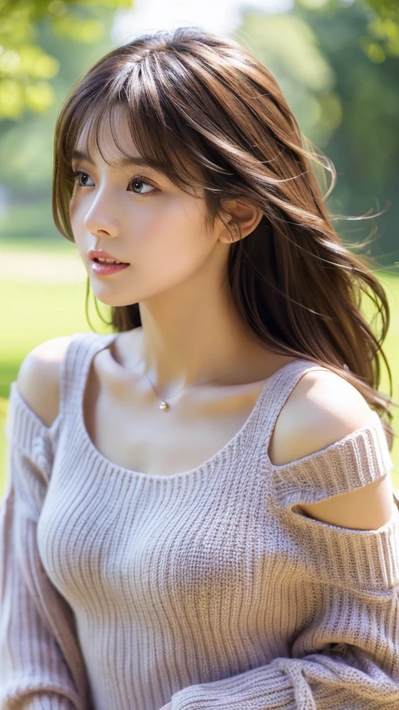 (Raw photo, Best Quality), (Realistic, Photorealsitic:1.3), masutepiece, Extremely delicate and beautiful, Soft light, (Brown hair, Shoulder-length straight hair swaying in the wind), Beautiful detailed girl, (Detailed fingers), extremely detailed eye and face, beautiful detailed nose, Beautiful detailed eyes, 1 girl, Japanese, Neat and clean beauty, Cute, 年轻, Smile, Black V-neck sweater, Skirt, (Half body:1.3), (tiny chest), Realistic face, Realistic body, Outdoors