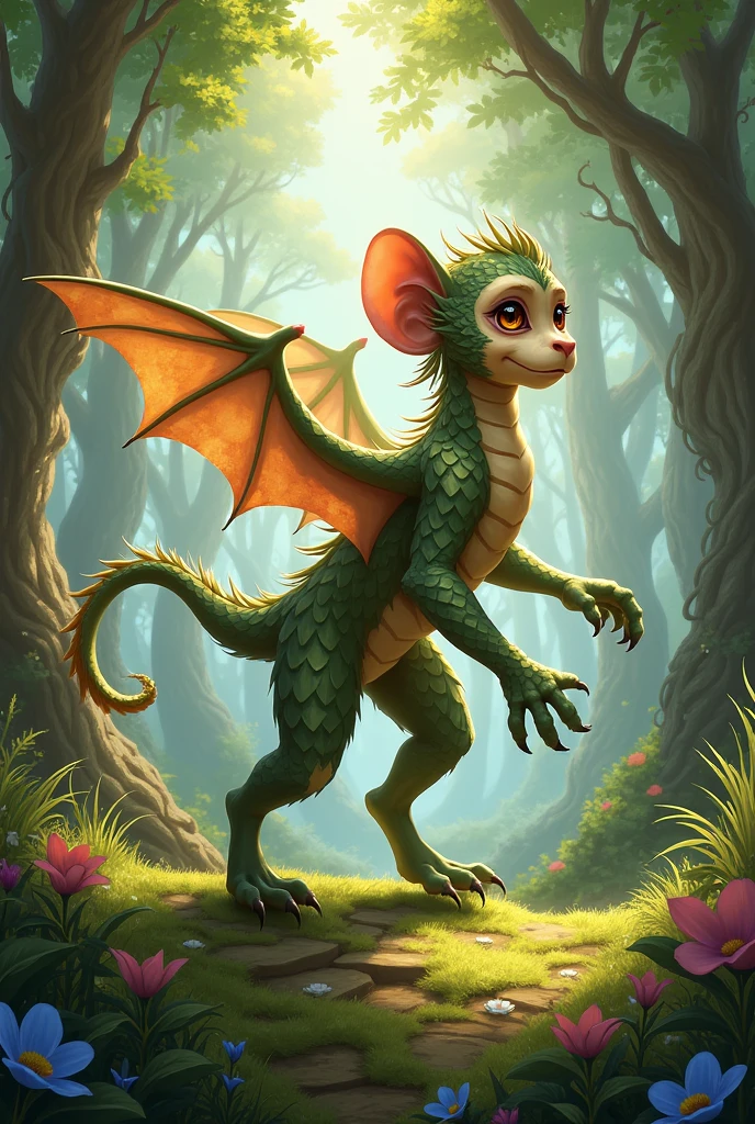Furry, dragon, nude, pink scales, white belly scales, white sharp horns, female, wings spread out on ground, anime, spikey head, giant, in forest, on all fours, animal like, big areola, vagina, thin, curvy, green eyes, heart eyes, pink wings, pink pointed ears