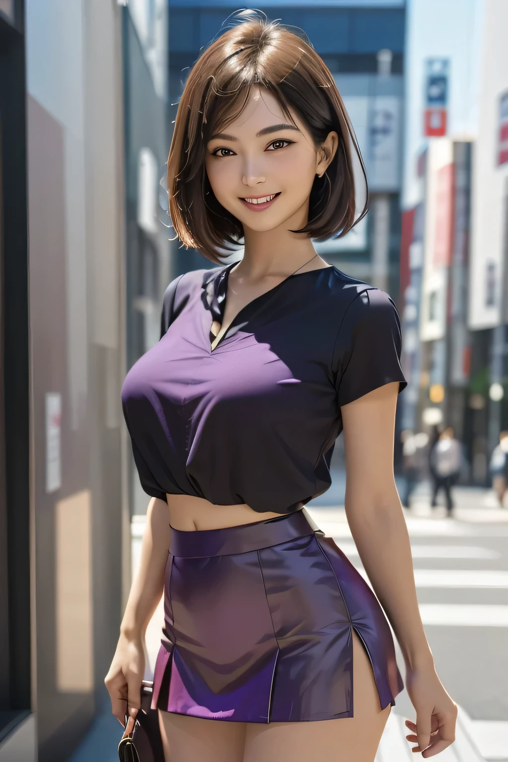 (1. The Ultimate Beauty), Very detailedな顔, Beautiful brown eyes, Double eyelids, eyelash, grin. Slightly thick detailed lip, Black Short Hair, (Light purple blouse:1.2), (Red tight mini skirt:1.4), (Big Breasts), A gentle smile, (close), Thighs, Perfect lighting, (Realistic:1.4), (Very detailed), (Best Quality), (Best Shadow), (masterpiece), Ultra-high resolution, With background: ((Ginza Art Gallery, Tokyo))