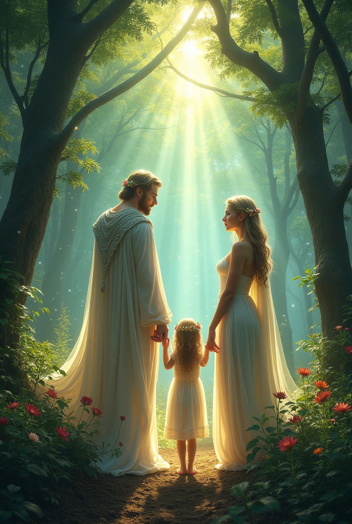 A representation of Adam and Eve created in the image of God, Dress and her three children boys