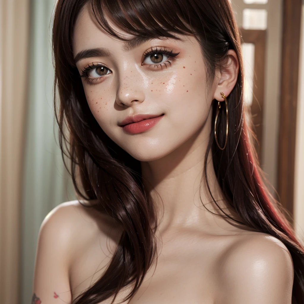 1 girl, Japanese, 4k, realistic, soft skin, texturized skin, long whavy brown hair with red locks, shining red eyes, red eyeliners, shining red lips, freckles, naked, smile, closed mouth, soft lighting, portrait, face focus, close up, bright colors, facing viewer.