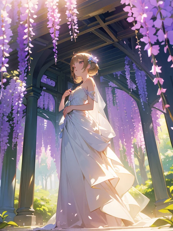 In a magical, serene garden filled with cascading wisteria flowers, a beautiful princess stands at the center. Her elegant gown flows gracefully as the gentle breeze carries the sweet fragrance of the purple blossoms. The wisteria vines hang down like a shimmering veil, creating a dreamlike atmosphere. The soft sunlight filters through the canopy, casting a delicate glow over the scene. The princess, with her serene expression and regal posture, appears to be part of the enchanting garden, surrounded by the natural beauty of the wisteria paradise.