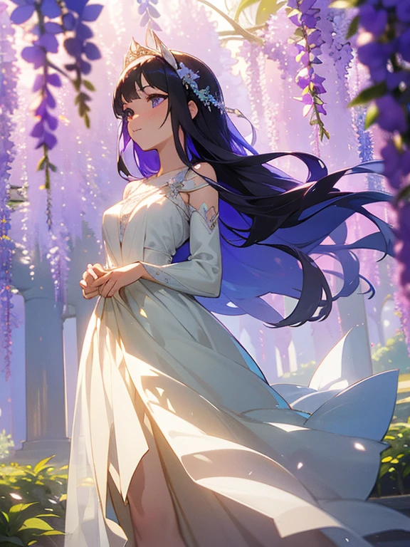 In a magical, serene garden filled with cascading wisteria flowers, a beautiful princess stands at the center. Her elegant gown flows gracefully as the gentle breeze carries the sweet fragrance of the purple blossoms. The wisteria vines hang down like a shimmering veil, creating a dreamlike atmosphere. The soft sunlight filters through the canopy, casting a delicate glow over the scene. The princess, with her serene expression and regal posture, appears to be part of the enchanting garden, surrounded by the natural beauty of the wisteria paradise.