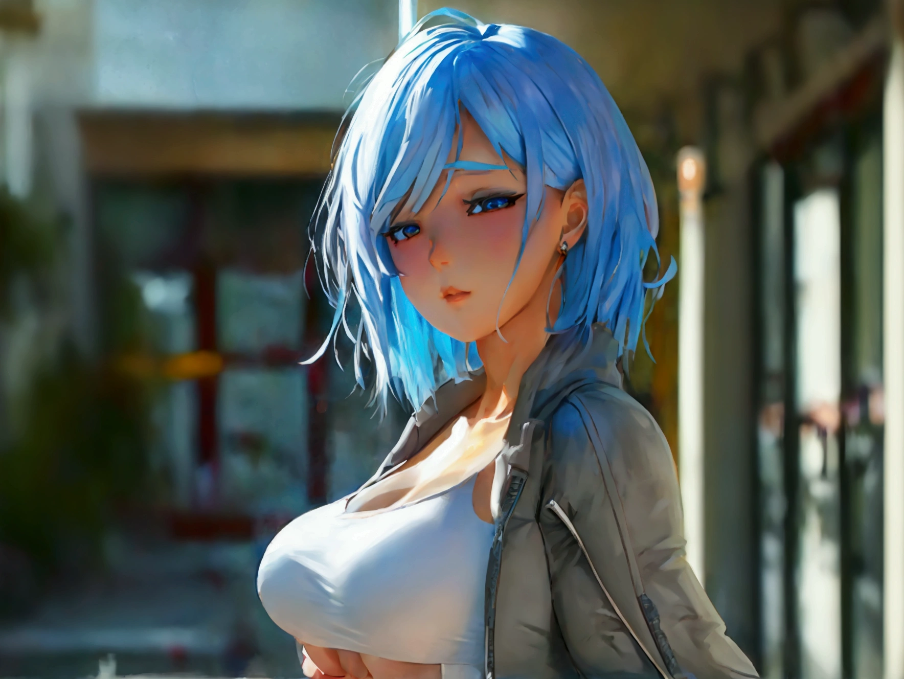 Chloe Price, short blue hair, with slim body, tight  body type , flat chested A cup breasts, brown nipples, slender thighs, completely naked, nude, junkyard in background, beautiful detailed face, beautiful detailed eyes, beautiful detailed lips, extremely detailed skin, hyper detailed, 8k, photorealistic, photo realistic, physically-based rendering, professional, vivid colors, masterpiece, arms up