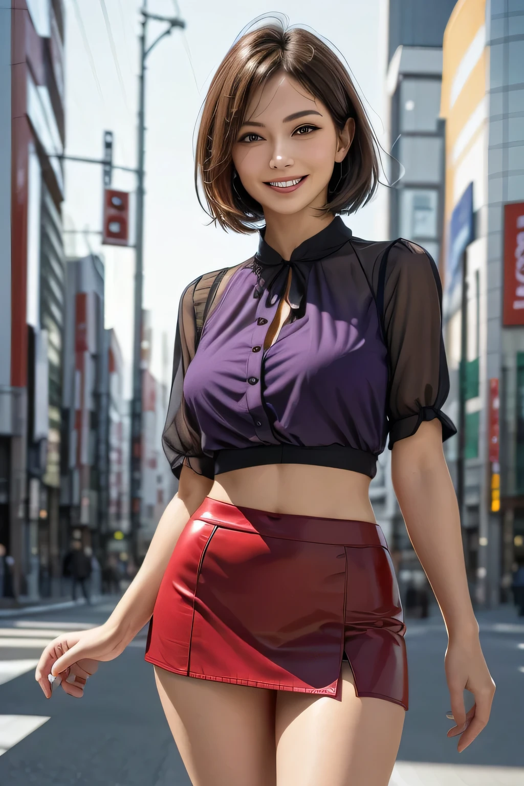 (1. The Ultimate Beauty), Very detailedな顔, Beautiful brown eyes, Double eyelids, eyelash, grin. Slightly thick detailed lip, Black Short Hair, (Light purple blouse:1.2), (Red tight mini skirt:1.4), (Big Breasts), A gentle smile, (close), Thighs, Perfect lighting, (Realistic:1.4), (Very detailed), (Best Quality), (Best Shadow), (masterpiece), Ultra-high resolution, With background: ((Ginza Art Gallery, Tokyo))