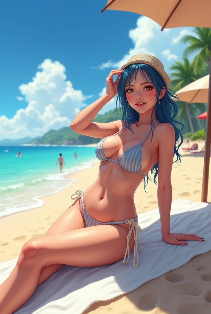 A woman standing confidently on a sunlit beach or poolside, wearing a stylish high-waisted bikini in bold or pastel hues, such as teal, coral, or lavender. The bikini features complementary colors or patterns, enhancing the retro-modern vibe. She accessorizes with oversized sunglasses and a lightweight cover-up that complements her swimwear. The background features a serene ocean or sparkling pool, with elements like a chic beach chair, a matching beach bag, and a sunhat nearby, all reflecting the vibrant hues of her outfit.