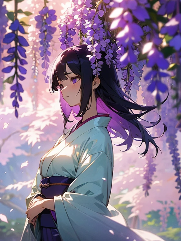 In a magical, serene garden filled with cascading wisteria flowers, a beautiful princess stands at the center. Her elegant gown flows gracefully as the gentle breeze carries the sweet fragrance of the purple blossoms. The wisteria vines hang down like a shimmering veil, creating a dreamlike atmosphere. The soft sunlight filters through the canopy, casting a delicate glow over the scene. The princess, with her serene expression and regal posture, appears to be part of the enchanting garden, surrounded by the natural beauty of the wisteria paradise.