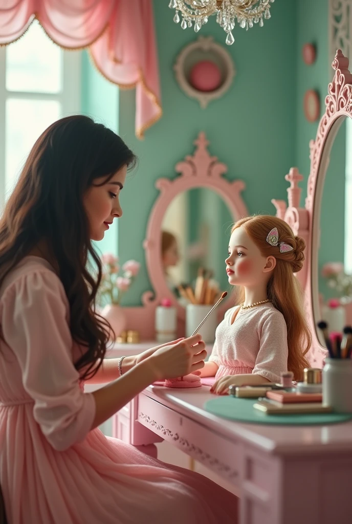 a young girl sees her mother putting make up and mimics her moves,  (highest quality:1.2, Very detailed, up to date, Vibrant, Ultra-high resolution, High Contrast, masterpiece:1.2, highest quality, Best aesthetics), best details, best quality, highres, ultra wide angle, 16k, [ultra detailed], masterpiece, best quality, (extremely detailed), 