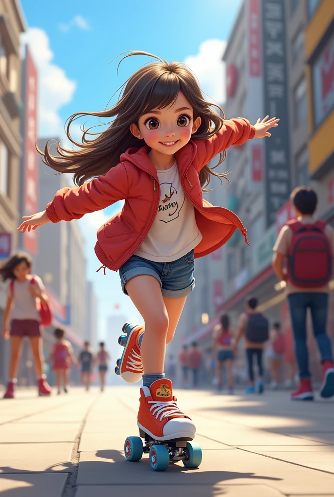 A girl, with brown hair, wavy shoulder length, skating skateboard