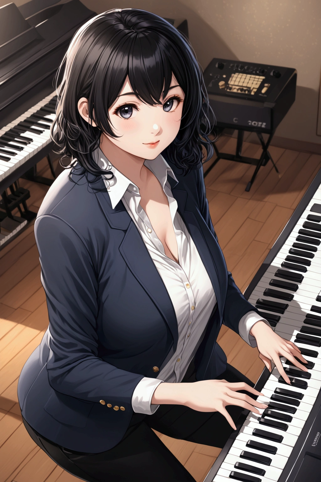 charming girl, black hair, playing the keyboard, casual clothes, looks beautiful, perfect face, callus curled at the ends,  blazer, shirt, white shirt,,chubby, keyboard \(instrument\), instrument, playing instrument,looking at viewer, cowboy shot, dutch angle, dynamic pose,
