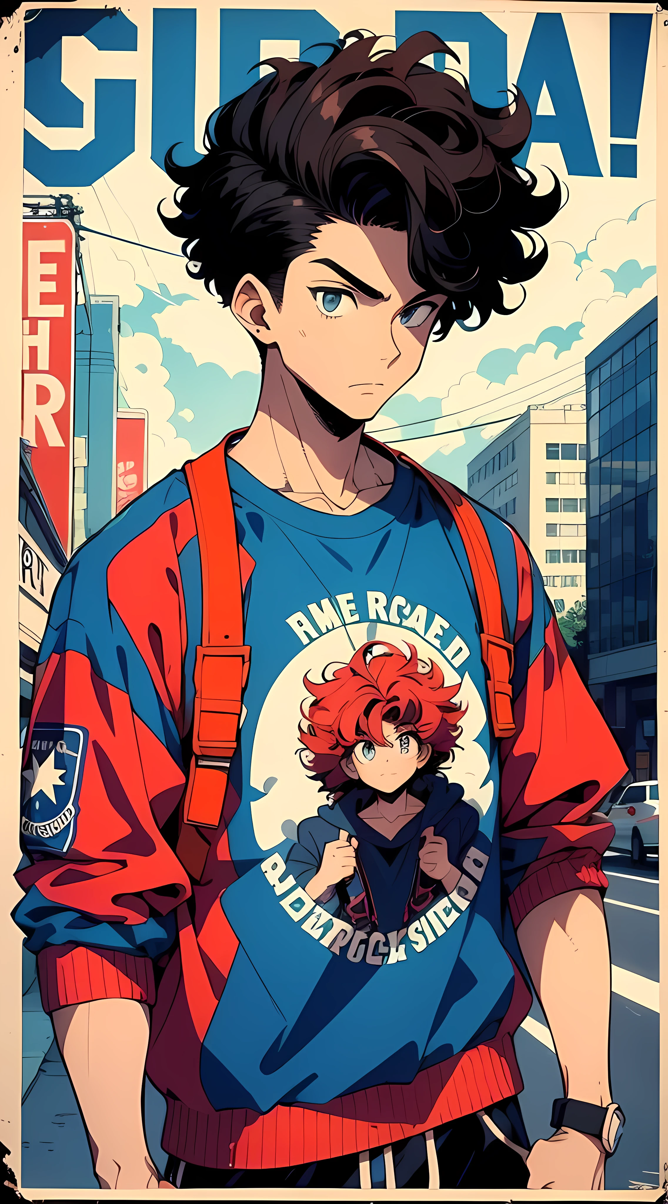 Boy with medium curly hair, American cut, mid fade, streetwear, cinematic angle, vibrant and intense colors, 90s anime style, 90s retro style, 90s vintage style. Poster vintage, cartaz vintage 