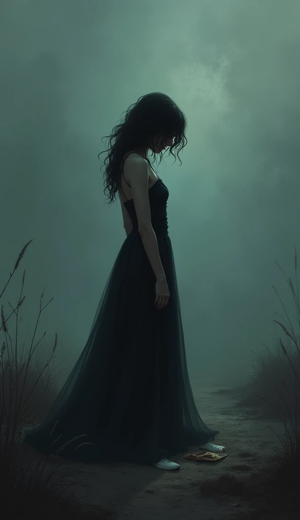 Female
Wearing a Tall black off the shoulder layery dress
Brown hair medium reaching above shoulders with curtain bangs and covering eye sockets
Eyes covered by a ribbon
She has Pale white skin
With a Skinny hourglassish build with emotioless features
Is dancing elegantly in a bloody black desert with heavy rain and thunder in the back
Destined to be killed by a lover again