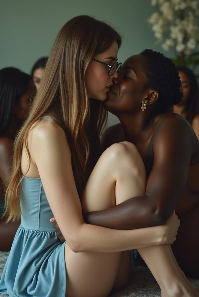 Create a photo of a 30 year old young woman, with long light brown hair tied in a ponytail with strands of hair on the face, slender and beautiful body, wearing jean shorts and an open black shirt without a bra with bare breasts, with white and clear skin, is facing the camera being hugged and lifted high into the air by two black teenagers, dark-skinned, obese, ugly, low, with short hair who is wearing a blue dress and glasses