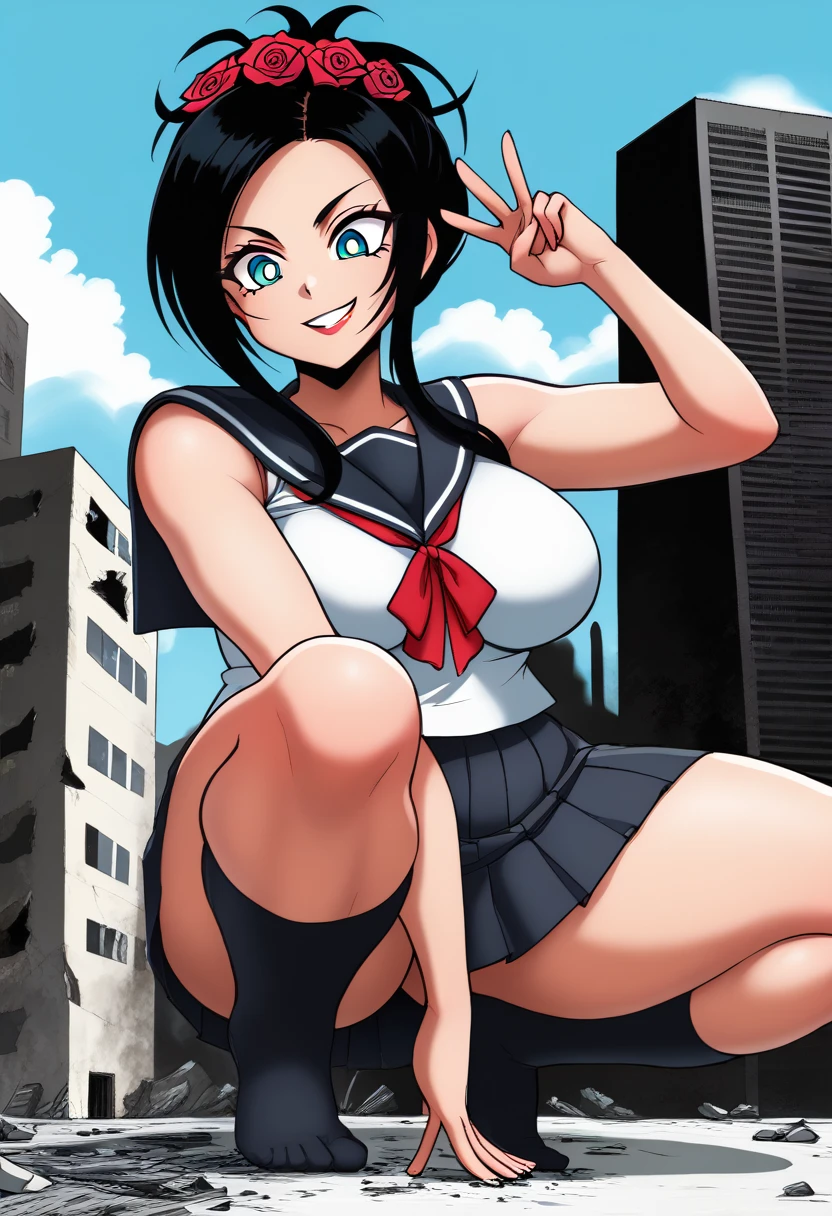 best quality, 8K, ultra-detailed, detailed face, detailed eyes, retro anime style, cartoon style, front view, dynamic effect, dynamic shot, 

athletic curvy physique, inverted body type, attractive feminine curves, big breasts, curvy legs and arms, feminine curvy figure, (thick thighs, thick calves, thick voluptuous legs, big curvy hip, bare knees, bare arms, bare wrists, bare hands), ((style of plump voluptuous body)), 

navy over-the-calf socks, navy pleated mini skirt, BREAK white sailor uniform, BREAK white short-sleeved sailor shirt, high socks, BREAK
black elegant hair, BREAK blue eyes, rose hair ornaments, 

1 beautiful giant woman, looking down with alluring face, (squatting, crouching, closing face to mini people, put one hand on cheek, gazing mini people around her feet, V-sign with another hand, size difference), rampage, corrupted city, destroyed buildings, corrupted buildings, rolling rubble dust up, her foot crushing mini people on the ground, crushed mini people around her foot, scattered rubble around her feet, towering, overwhelming, terrible, stepping, footprints, destruction, ruins, explosion, looming, 

giga size, dqdebora, black hair, hair rose, multiple hair flowers, JK, gesugao, parted lips, evil smile, half closed eye,