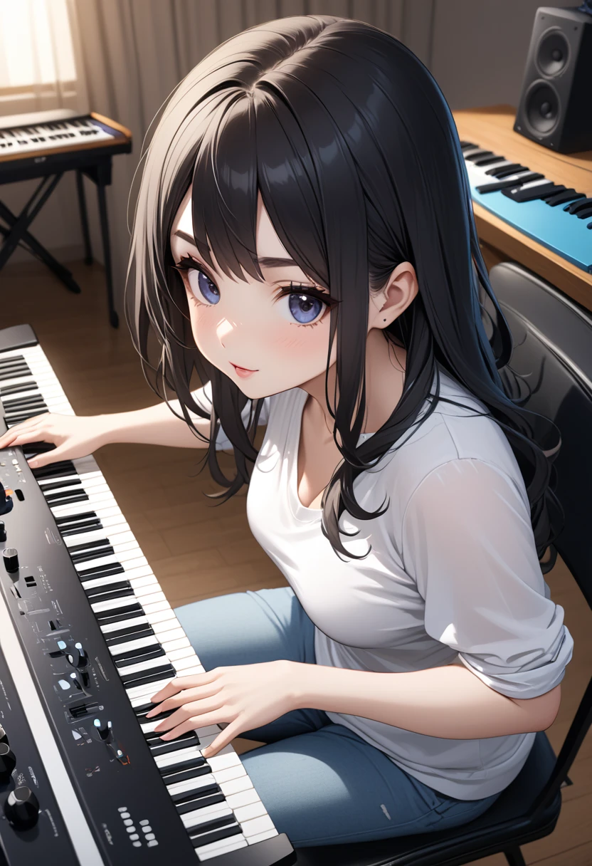 charming girl, long black hair, playing the keyboard, casual clothes, looks beautiful, perfect face, callus curled at the ends, blazer, shirt, white shirt,,chubby, keyboard \(instrument\), instrument, playing instrument,looking at viewer, 